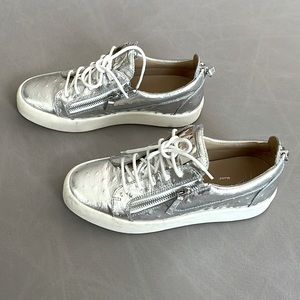 Giuseppe Zanotti Faux Ostrich Leather Low Top Sneaker Silver